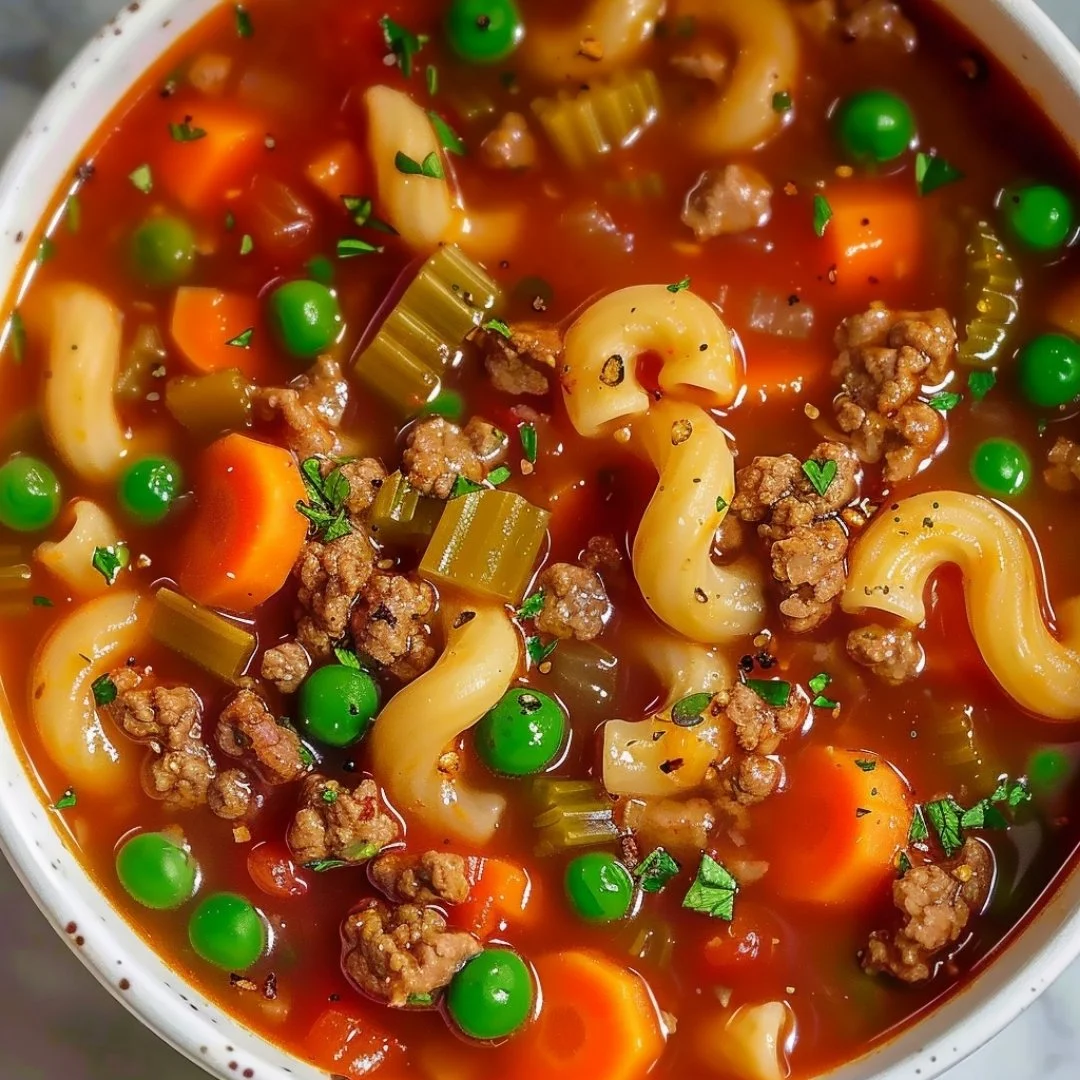Delicious Italian Ground Beef Pasta Soup in a bowl.