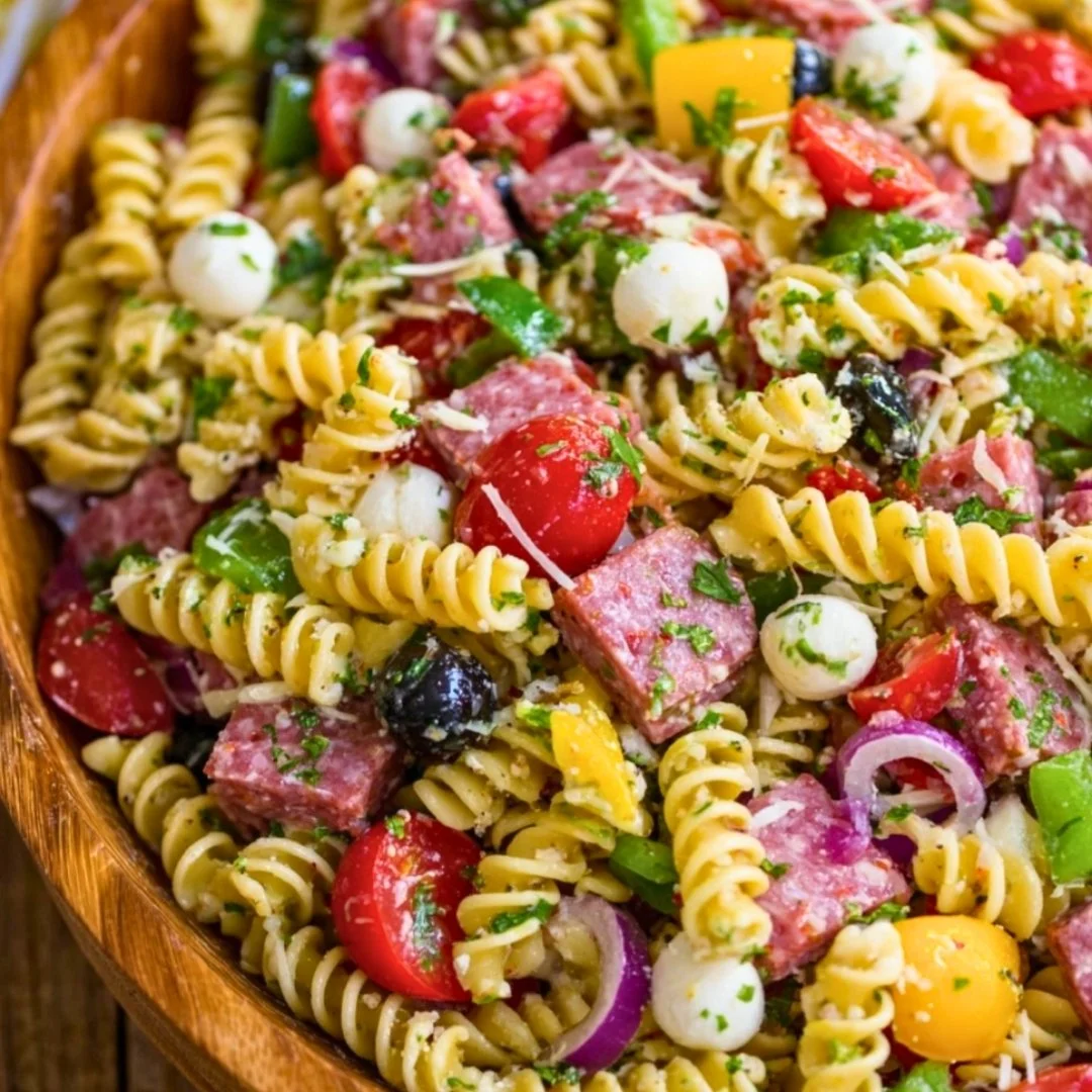 Italian Pasta Salad with smoked salami, fresh veggies, and herbs in a bowl