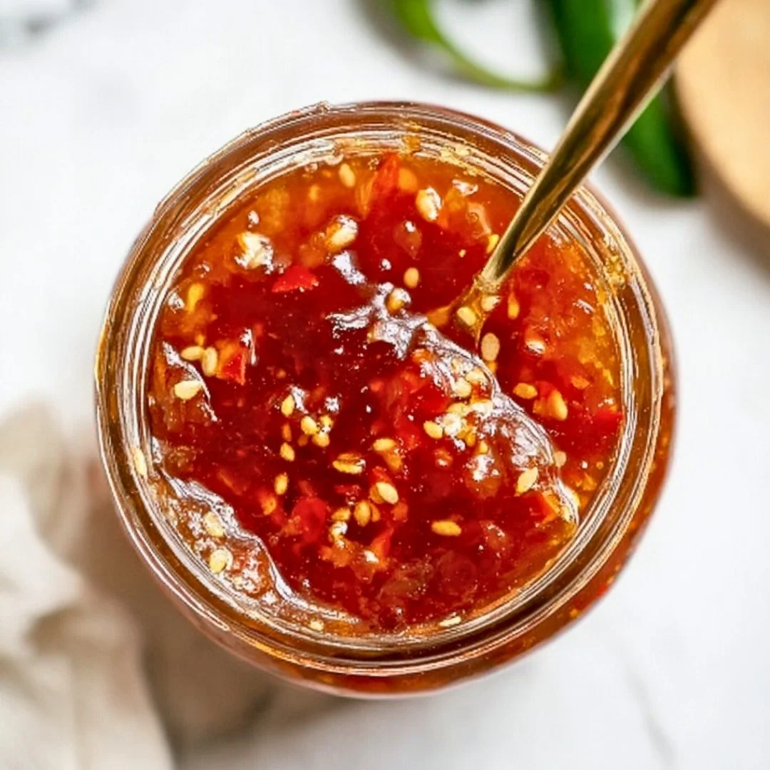 Jar of homemade Jalapeño Jelly with fresh jalapeños and bread