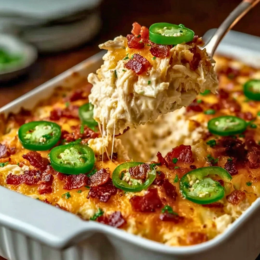 Delicious Jalapeño Popper Chicken Casserole topped with cheese and jalapeños