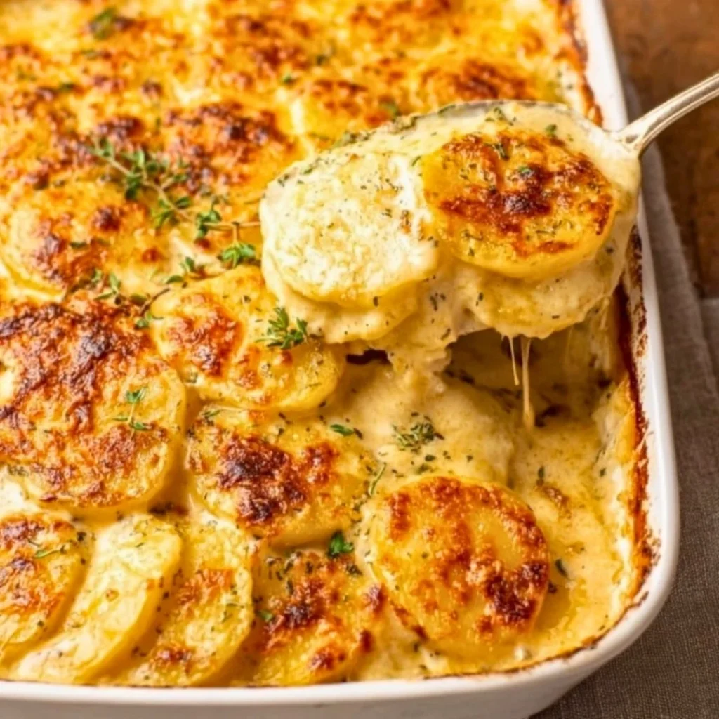 Delicious Joanna Gaines scalloped potatoes served in a white dish.