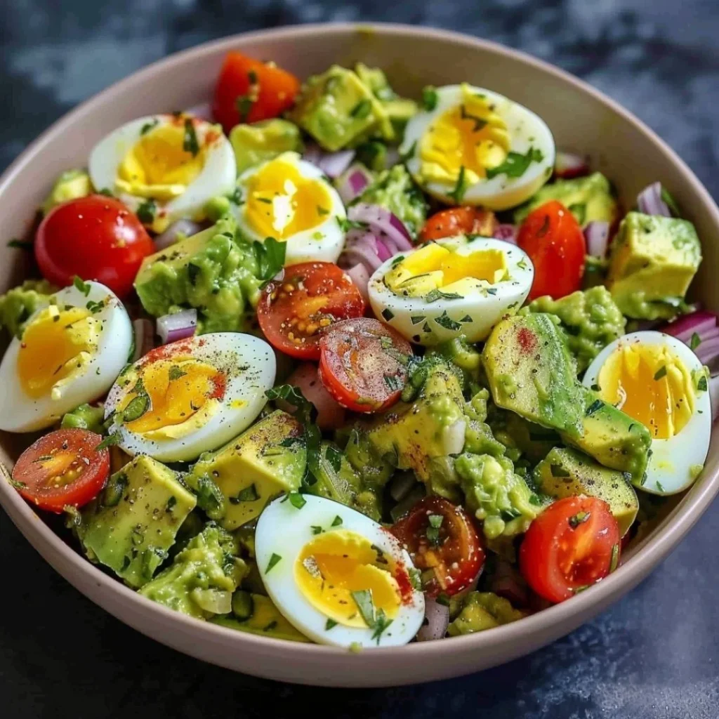 Keto avocado egg salad served in a bowl with fresh herbs and spices
