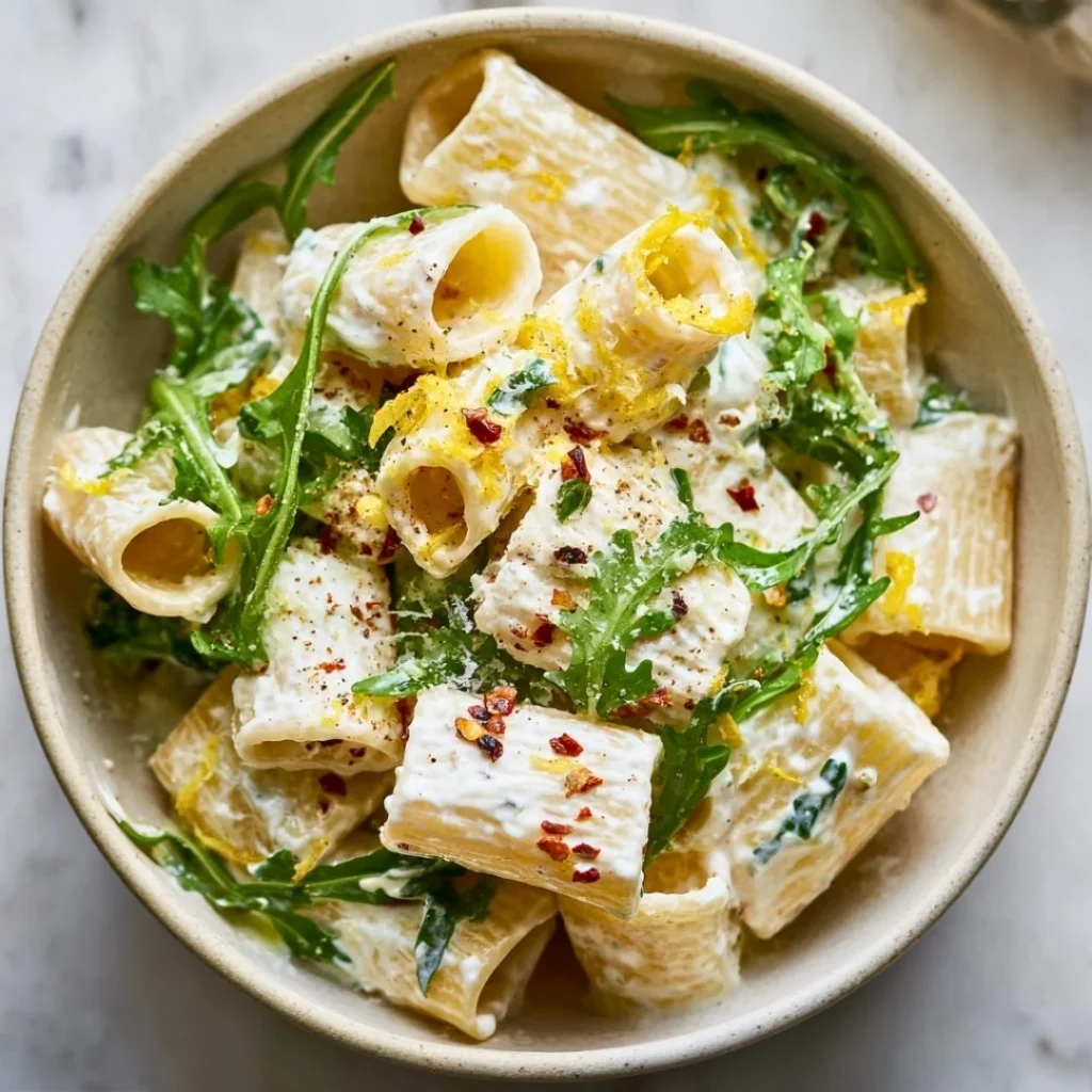 Plate of Lemon Ricotta Pasta with fresh arugula and lemon zest