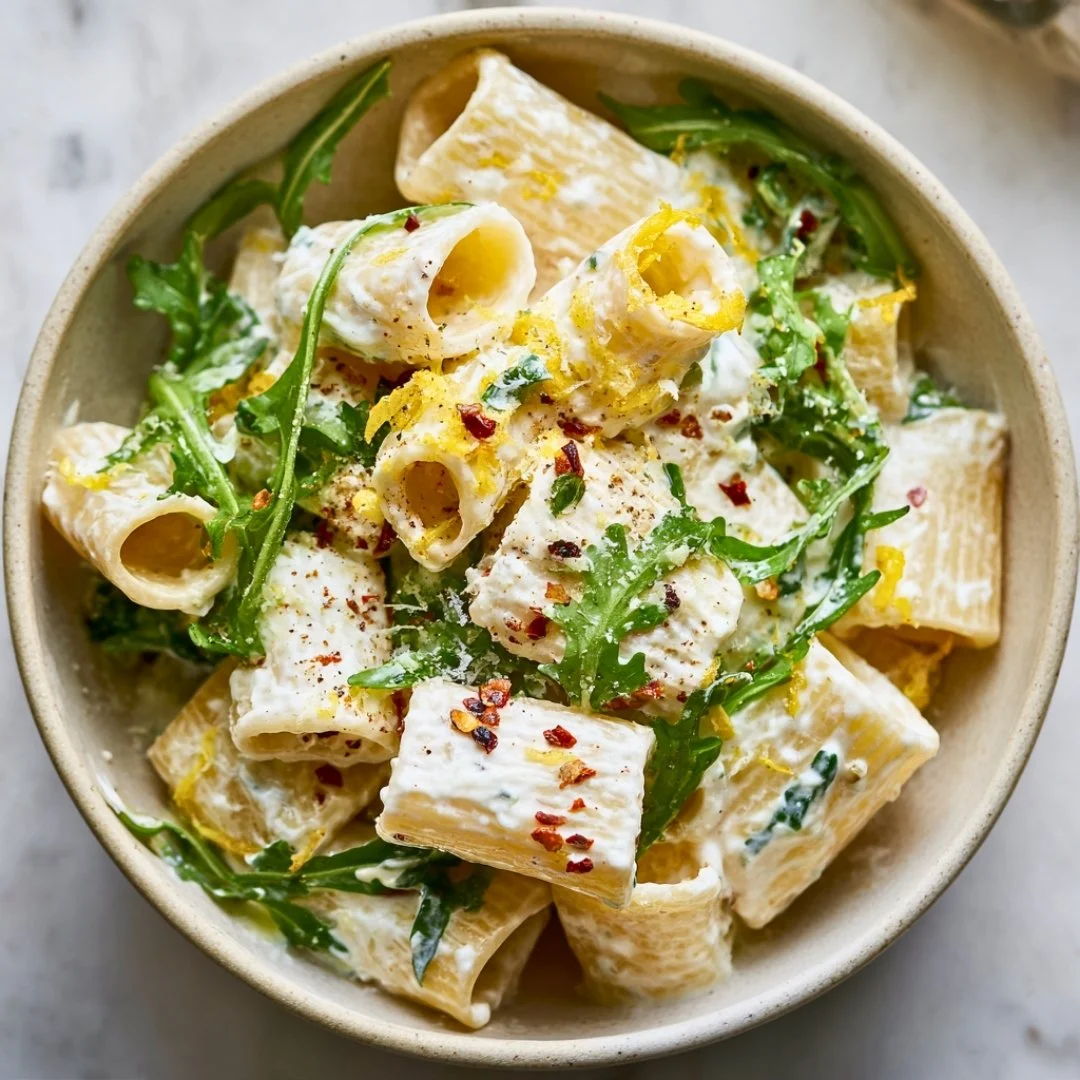 Plate of Lemon Ricotta Pasta with fresh arugula and lemon zest