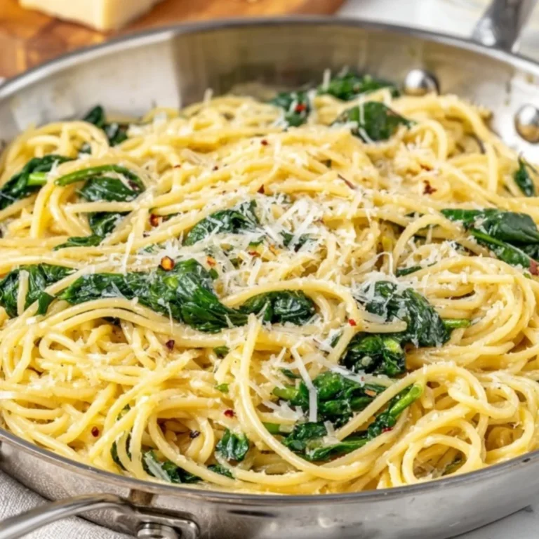 Plate of Lemon Spinach Pasta garnished with lemon and fresh spinach
