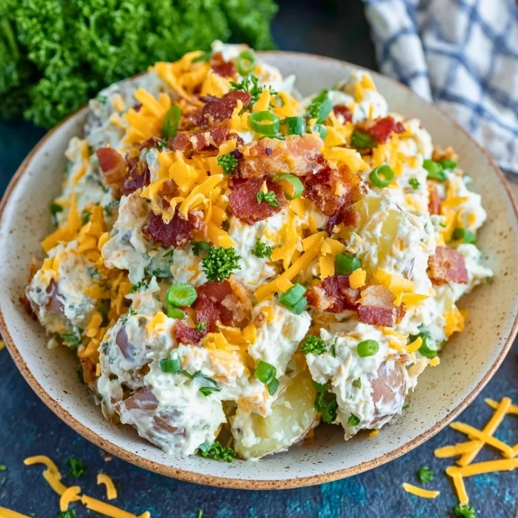 Delicious loaded baked potato salad with toppings in a serving bowl