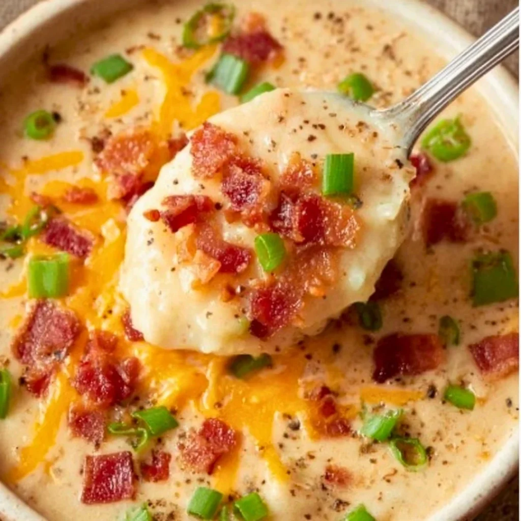 Bowl of loaded potato soup topped with bacon and green onions