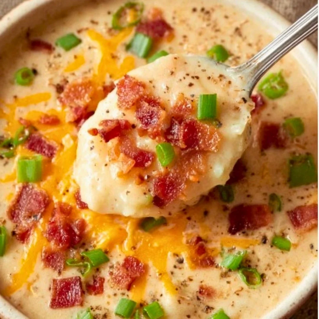 Bowl of loaded potato soup topped with bacon and green onions