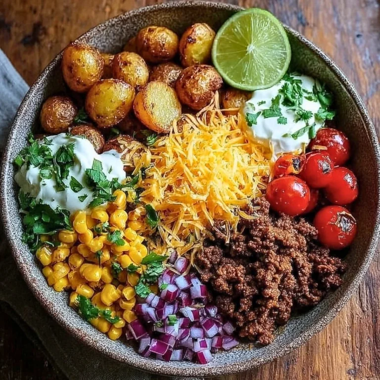 Delicious loaded potato taco bowl topped with fresh ingredients