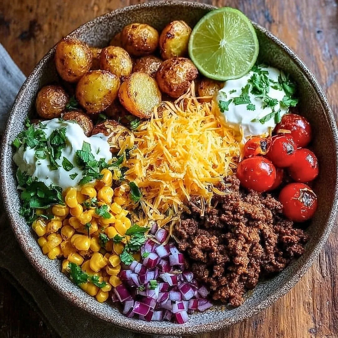 Delicious loaded potato taco bowl topped with fresh ingredients