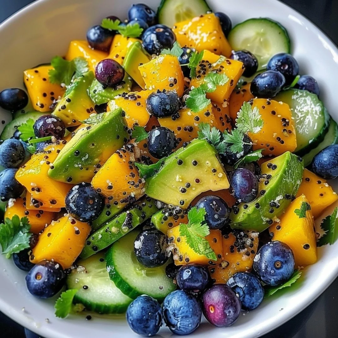 Colorful Mango Cucumber Salad with Blueberries and Avocado in a bowl