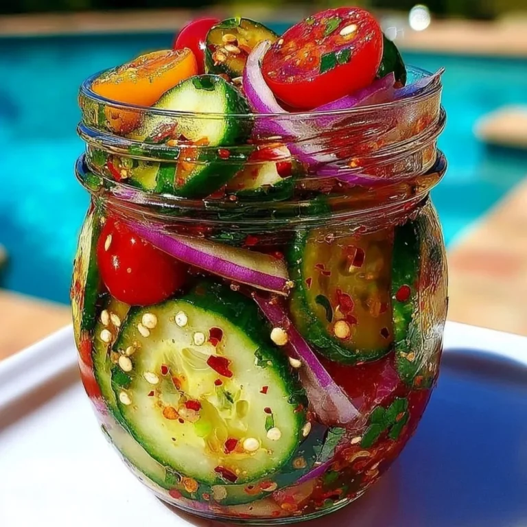 Delicious marinated cucumbers, onions, and tomatoes in a fresh salad