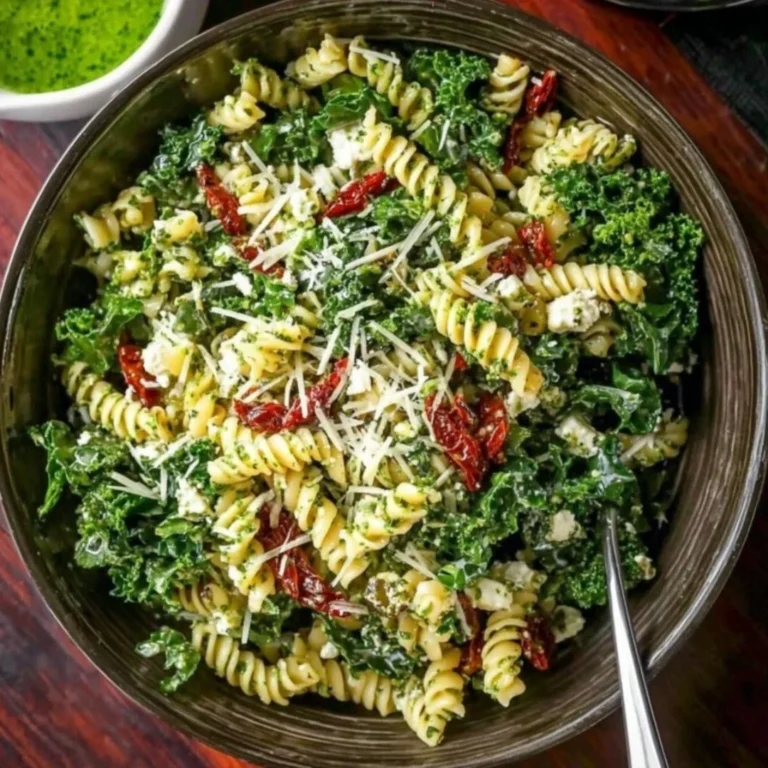 Mediterranean Pasta Salad with Kale and Garlic Basil Dressing