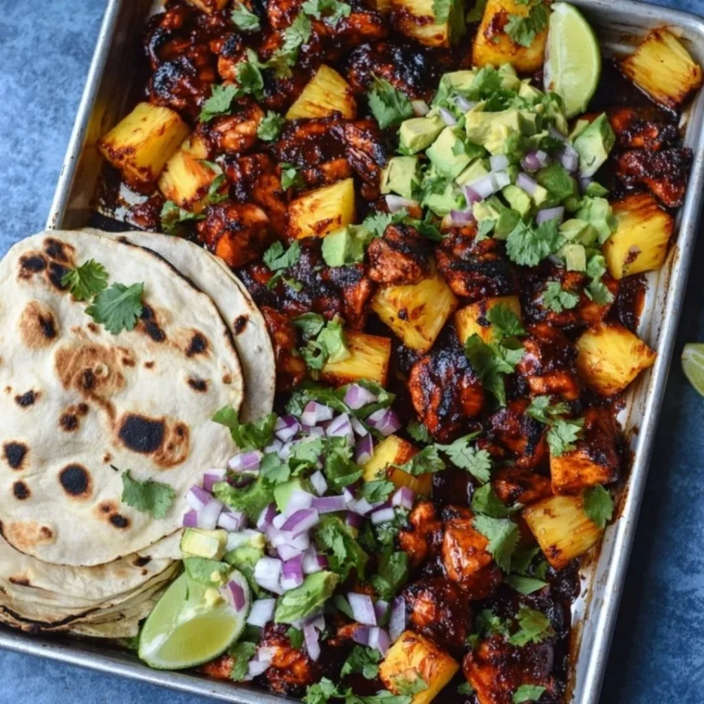One Pan Chicken & Pineapple Tacos served with fresh toppings