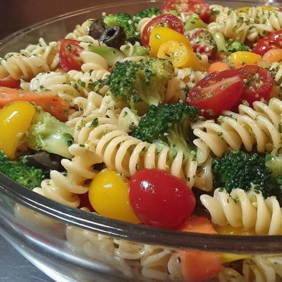 A colorful bowl of pasta salad with vegetables and dressing.