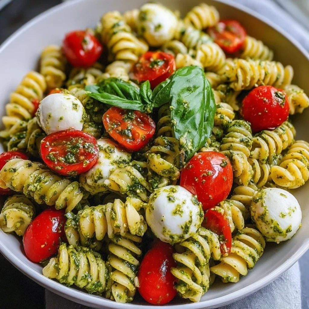 Colorful Pasta Salad with Basil Pesto and assorted fresh vegetables.