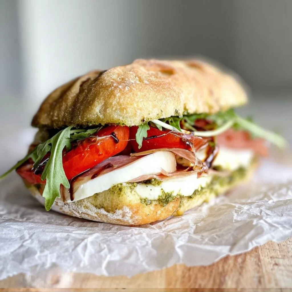 Pesto Caprese Sandwich with Balsamic Glaze on a rustic wooden board