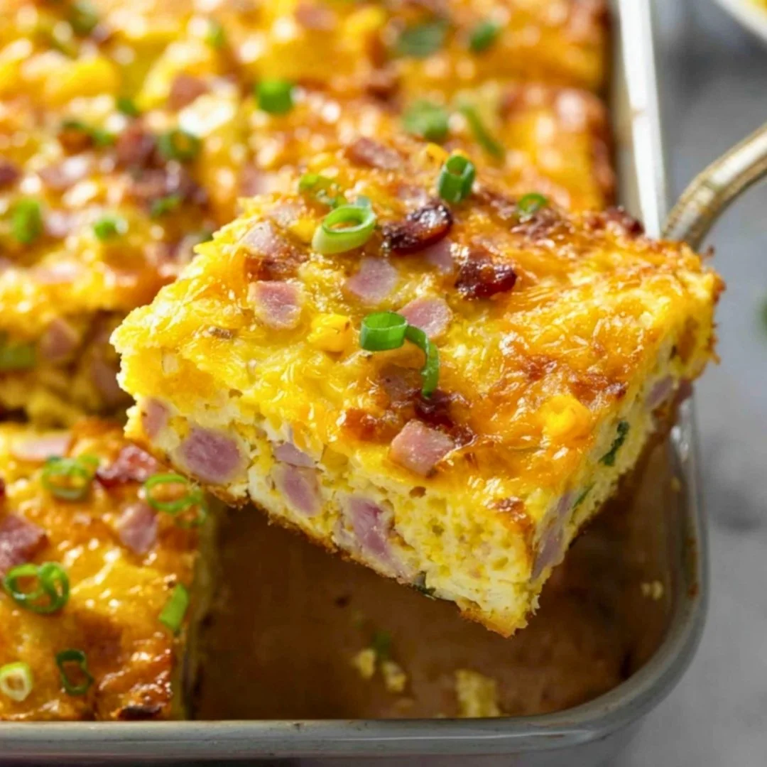 Delicious breakfast casserole served on a table with fresh ingredients