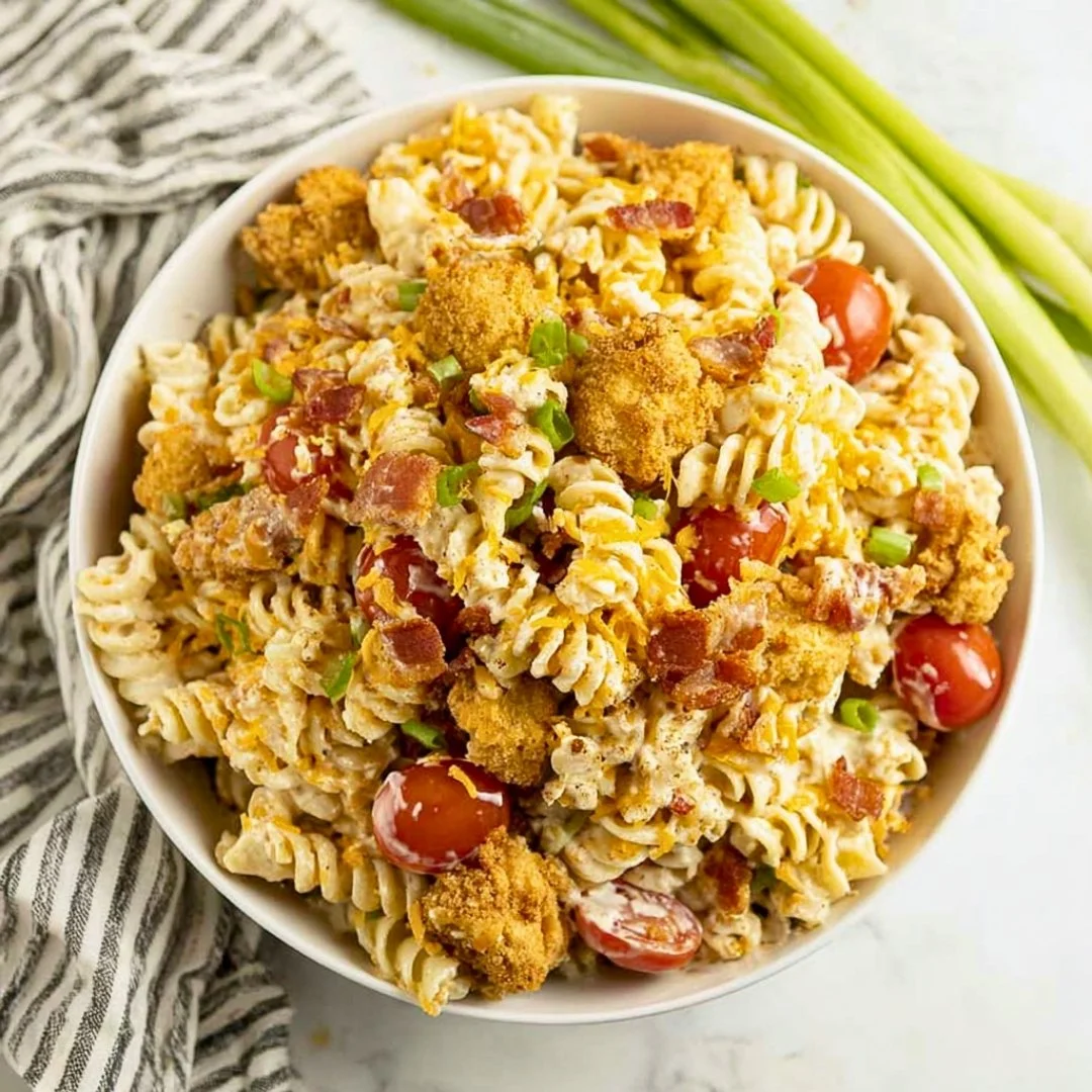 Delicious Popcorn Chicken Bacon Ranch Pasta Salad served in a bowl.
