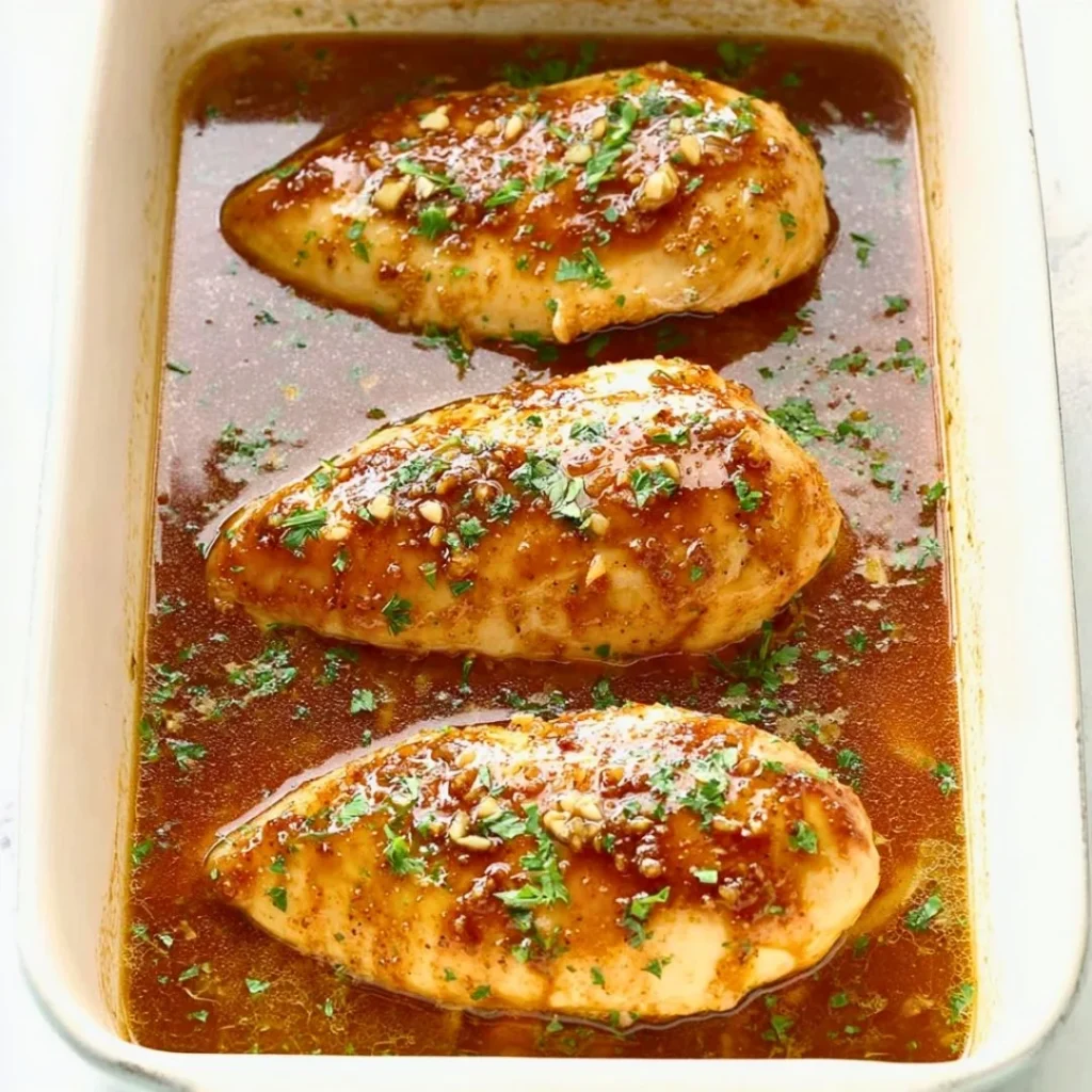 Oven-baked chicken breasts garnished with herbs and spices