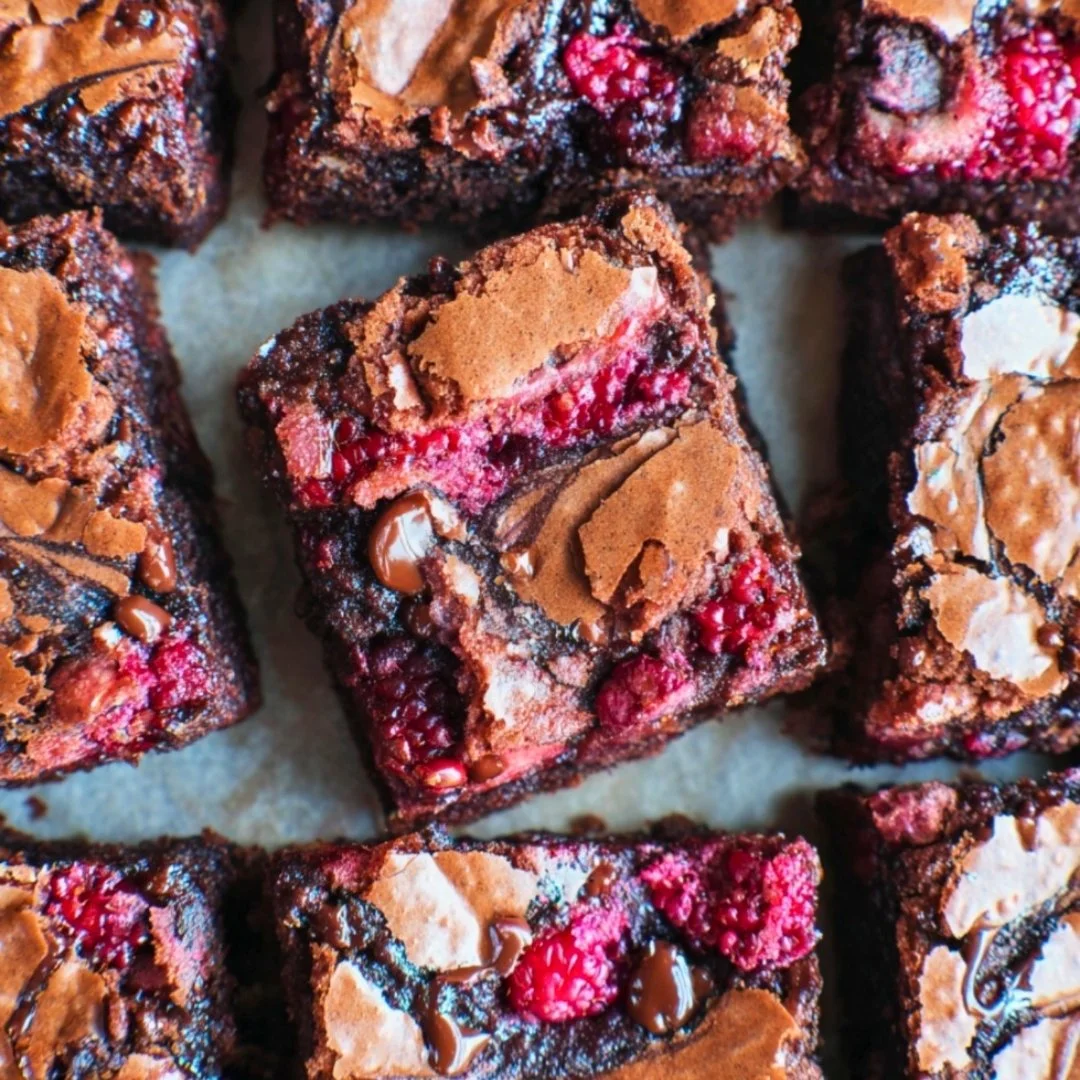 Delicious raspberry brownies with a rich chocolate base and fresh raspberries
