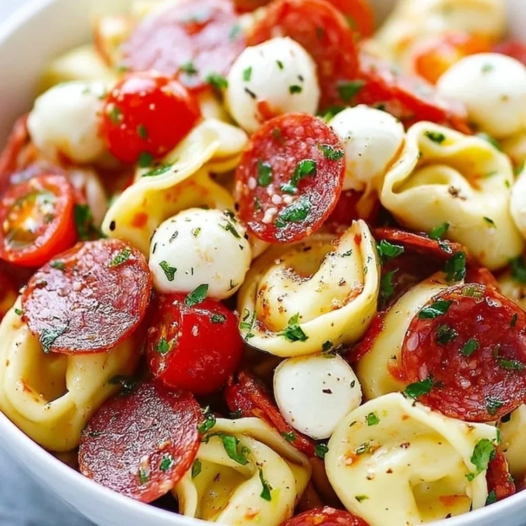 A vibrant roasted red pepper and parmesan tortellini salad in a bowl.