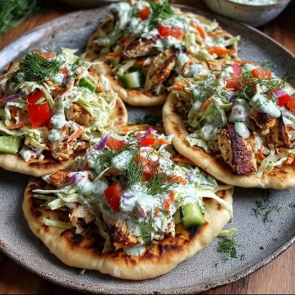 Sheet Pan Chicken Pitas served with Fresh Herb Ranch Slaw on a wooden board.