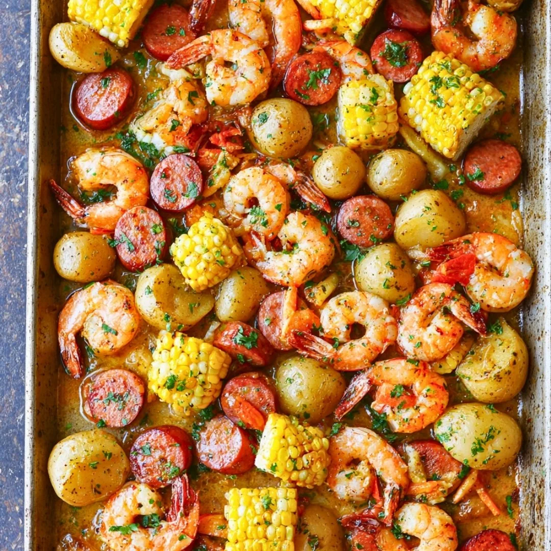 Sheet pan shrimp boil with vegetables and spices, a flavorful seafood dish