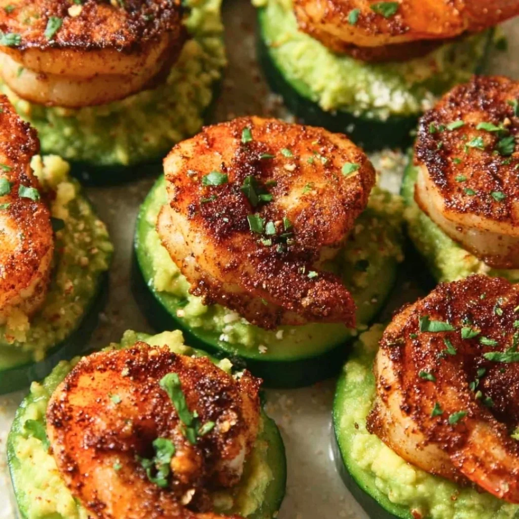 Shrimp cucumber bites served on a plate, a refreshing appetizer