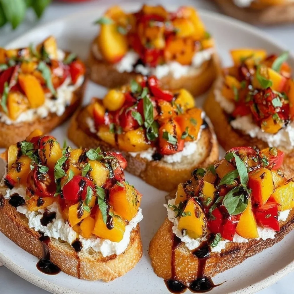 Plate of peach bruschetta topped with whipped ricotta and fresh basil