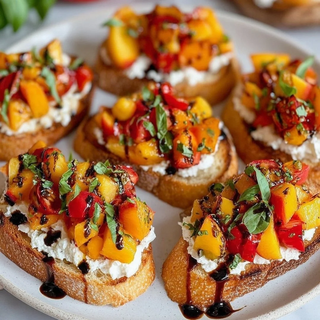 Plate of peach bruschetta topped with whipped ricotta and fresh basil