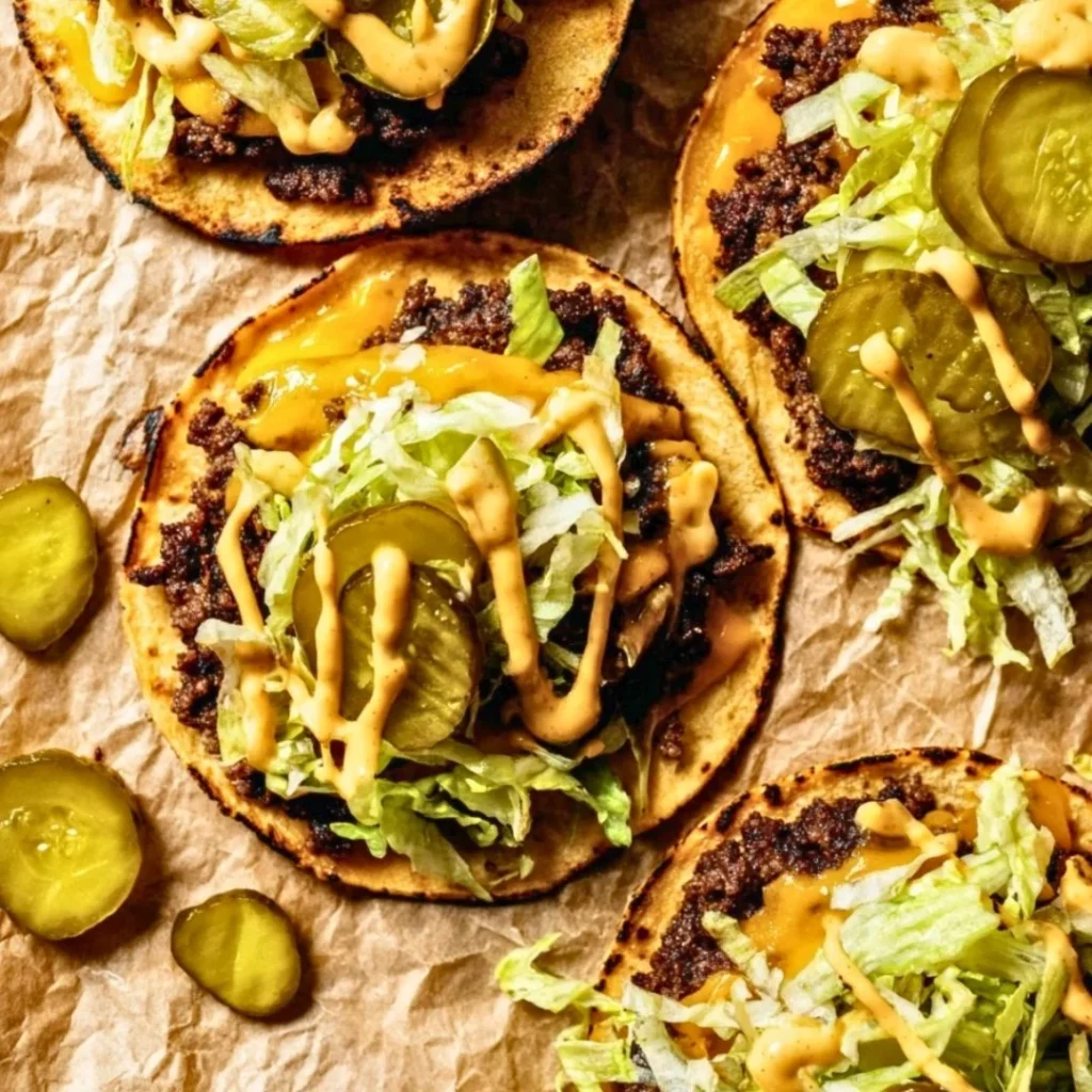 Smash Burger Tacos served with fresh toppings and sauces