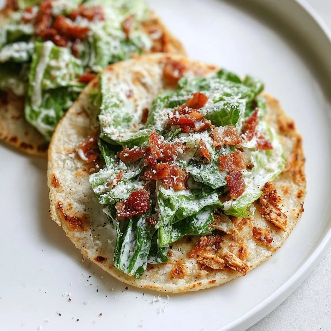 Delicious Smash Chicken Caesar Tacos with romaine and Caesar dressing
