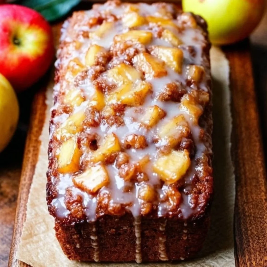 Homemade spiced apple fritter bread with a golden crust and apple chunks