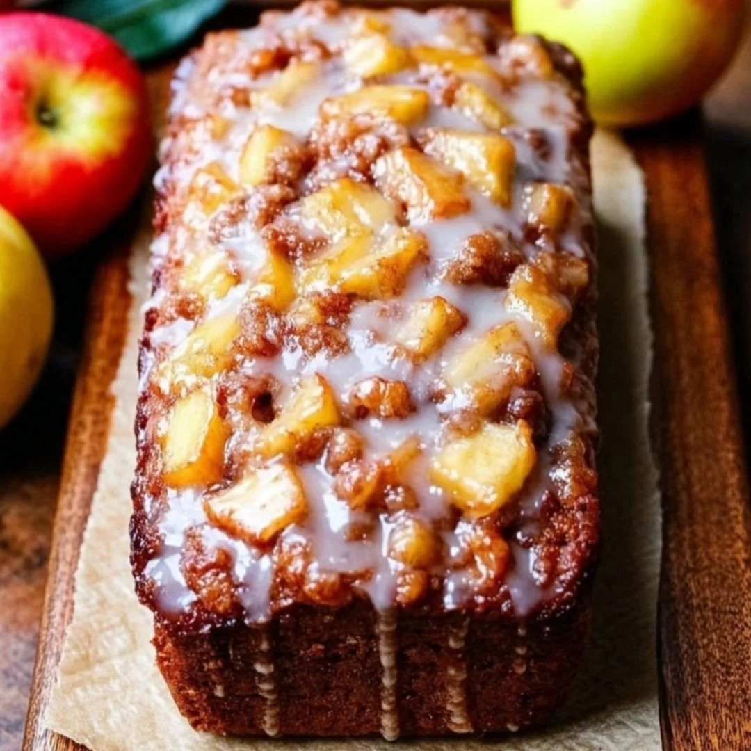 Homemade spiced apple fritter bread with a golden crust and apple chunks