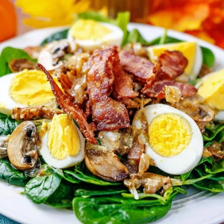 Spinach salad topped with warm bacon dressing, showcasing fresh greens and savory flavors.