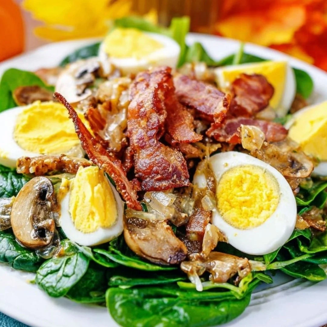 Spinach salad topped with warm bacon dressing, showcasing fresh greens and savory flavors.