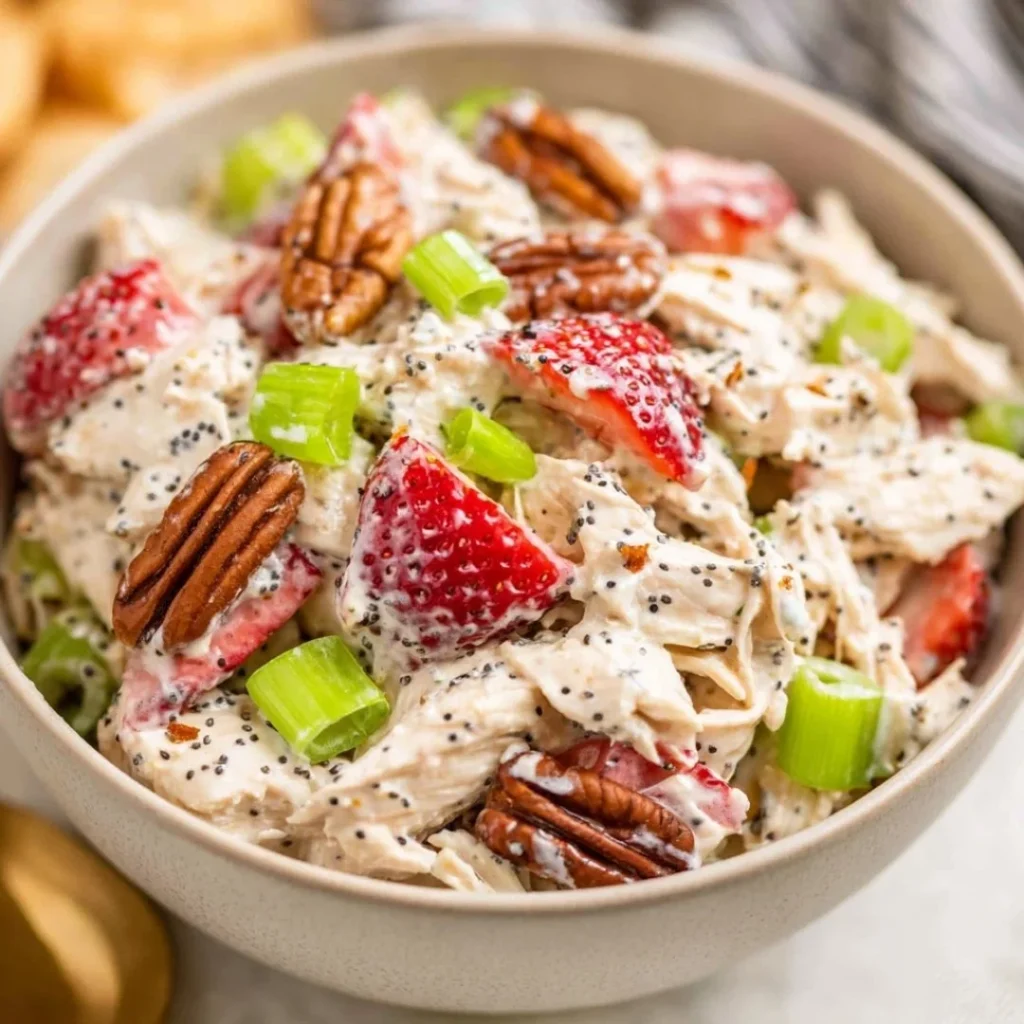 Strawberry Pecan Poppy Seed Chicken Salad in a bowl, garnished with fresh strawberries.