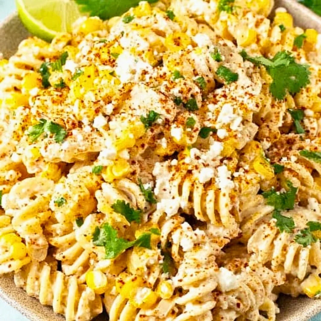 Delicious Street Corn Pasta Salad served in a bowl with fresh ingredients
