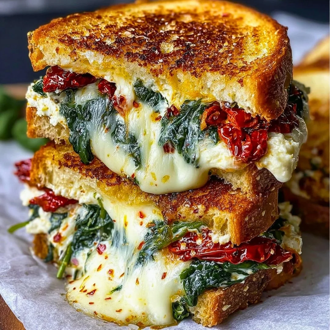 Sun-dried tomato, spinach, and ricotta grilled cheese sandwich in a crispy toast.