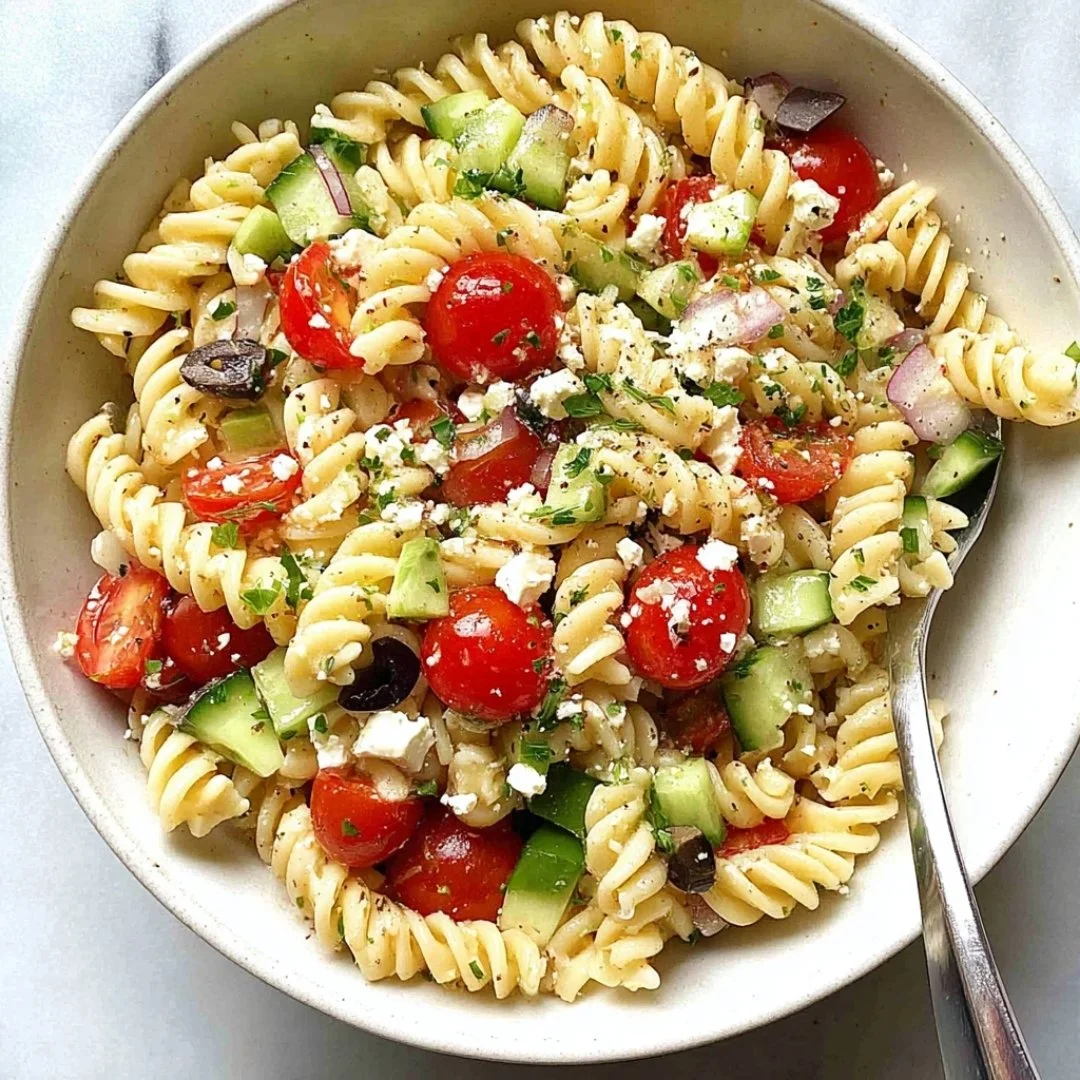 Serving bowl of the best pasta salad with Italian dressing and fresh vegetables.