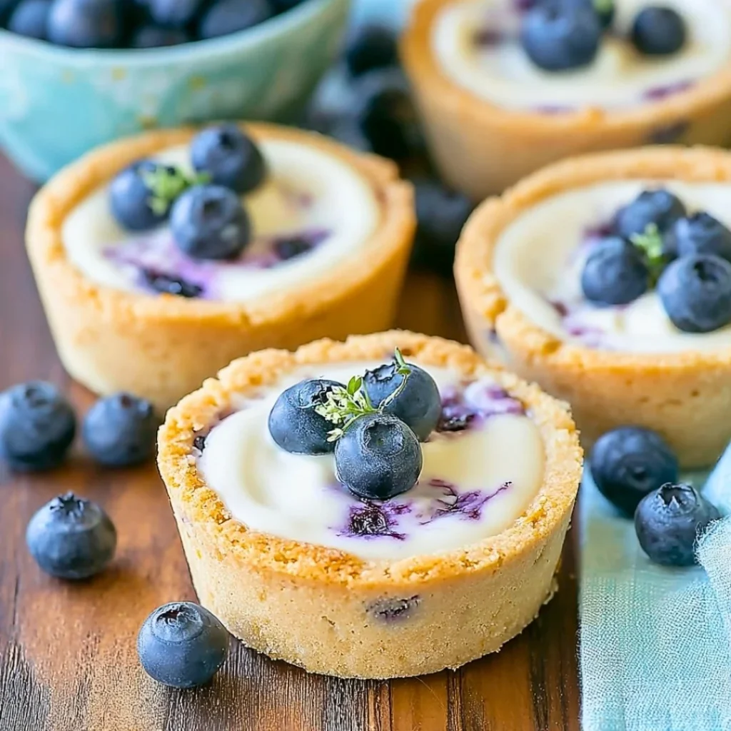 Delicious blueberry cheesecake cookie cups topped with fresh blueberries.