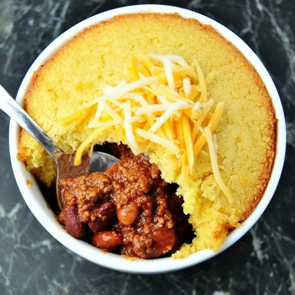 Individual chili pot pie with cornbread crust in serving dish