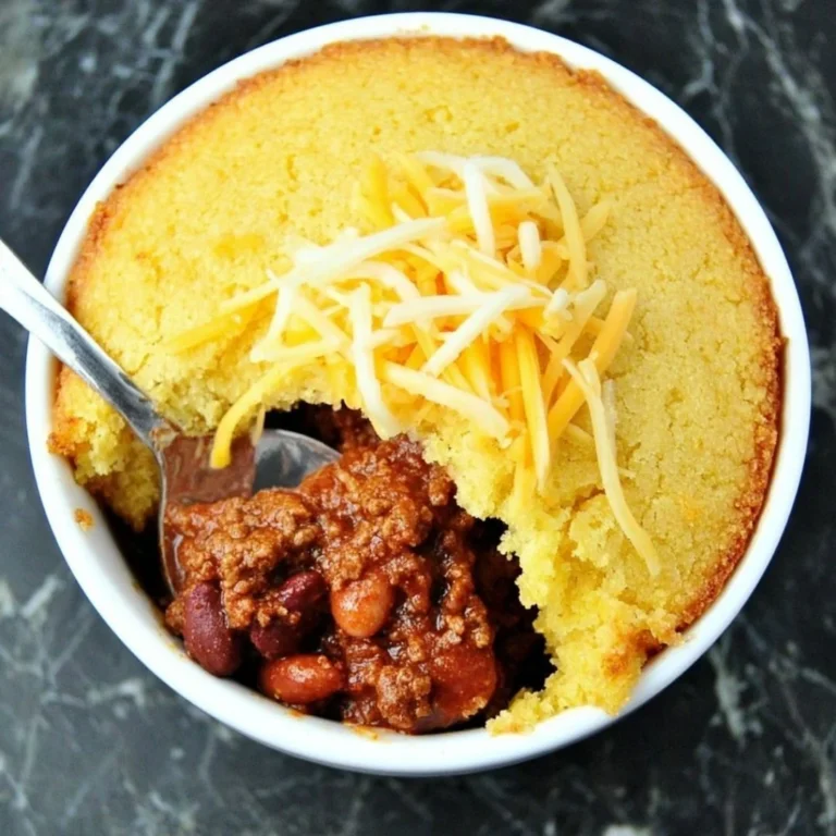 Individual chili pot pie with cornbread crust in serving dish