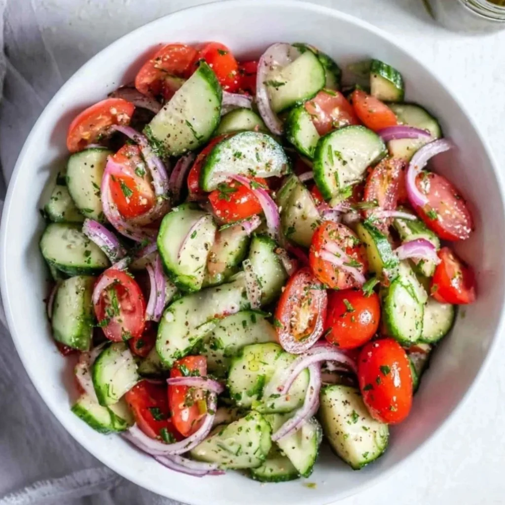 Crisp cucumber and juicy tomato salad in a tangy dressing with red onion.