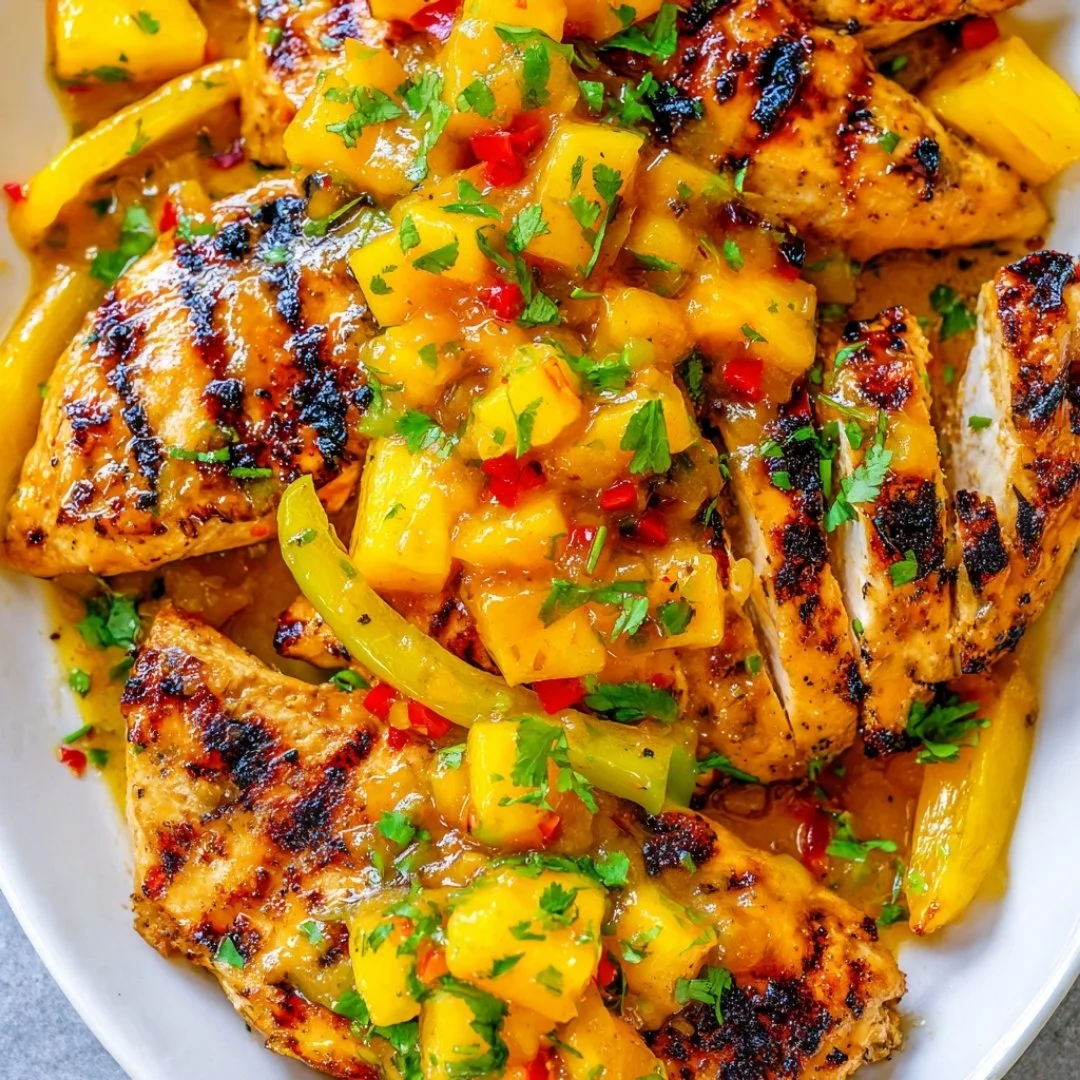 Delicious tropical grilled chicken served with colorful vegetables