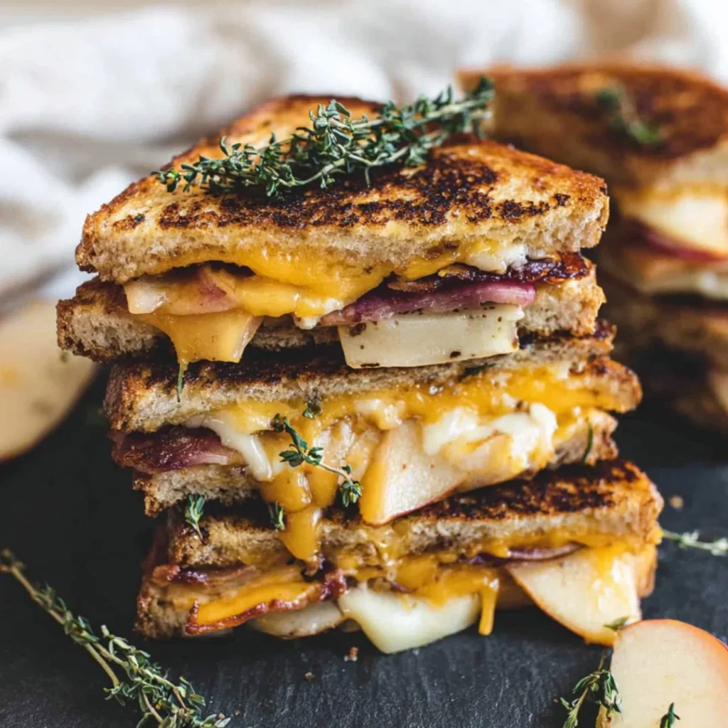 Apple Bacon and Cheddar Grilled Cheese sandwich on a wooden board
