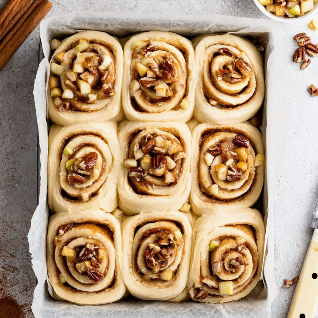 Delicious Apple Pecan Cinnamon Rolls topped with icing.