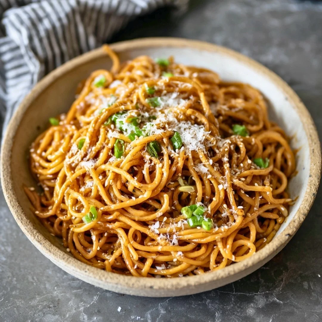 Delicious Asian garlic noodles topped with fresh herbs and vegetables.