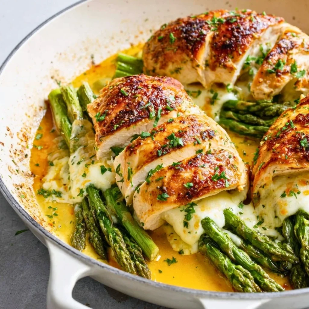 Delicious asparagus stuffed chicken breast plated with herbs and spices.